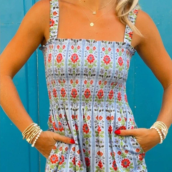 Hill House Anjuli Nap Smocked Cotton Midi Maxi Dress Blue Floral Block Stripe - Picture 7 of 10